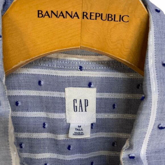 Gap Women's size Medium Tall Blue white silver striped long sleeve button up top - Picture 6 of 13